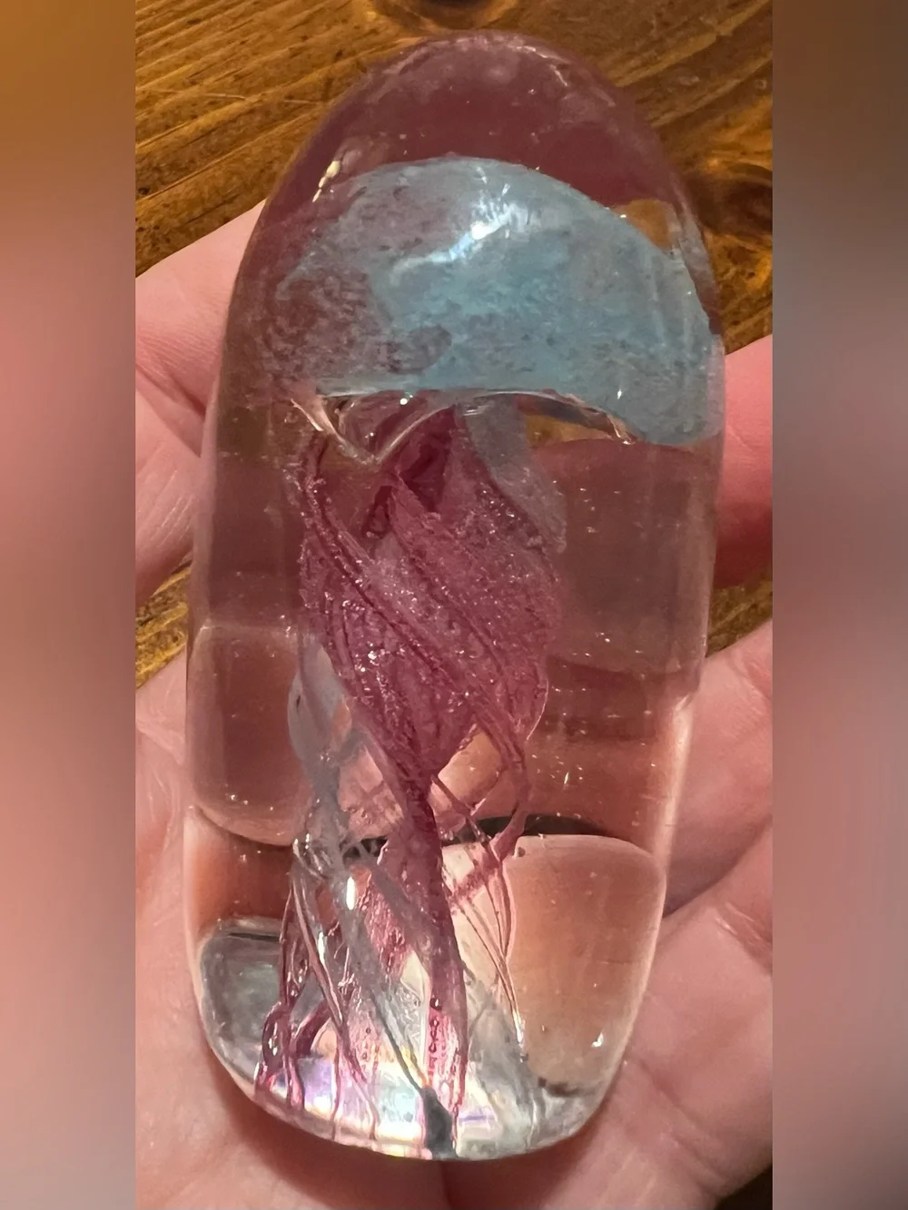 VTG Jellyfish Blue & Pink Blown Glass Egg-shaped Paperweight 3 Inches